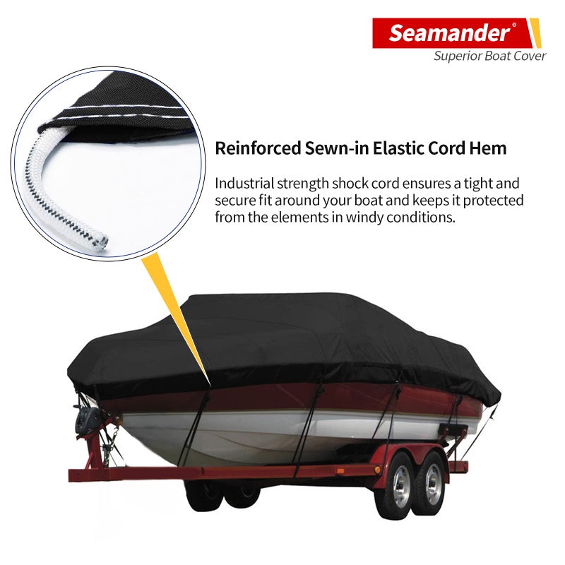 Seamander Waterproof Boat Cover, Solution-Dyed Yarn Marine Grade Cover Fits 12' to 14' ft Bass, V-Hull, Tri-Hull, Fish & Ski, Runabout Bowrider Boats - Heavy Duty Canvas Black - Image 4